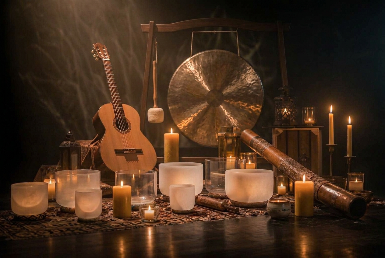 Escenario íntimo con guitarra, cuencos de cristal, didgeridoo, gong y velas
